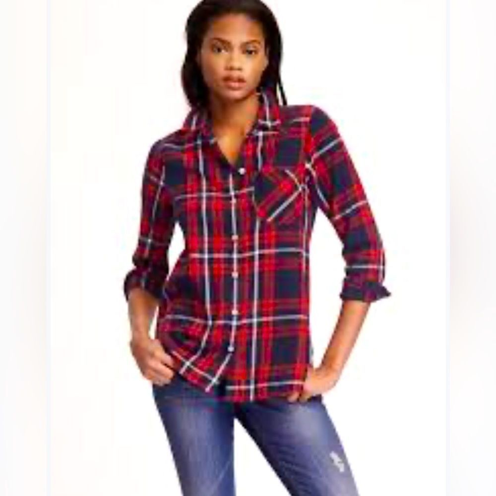 Old Navy red blue flannel classic button down plaid shirt sz M 100% cotton 327‎